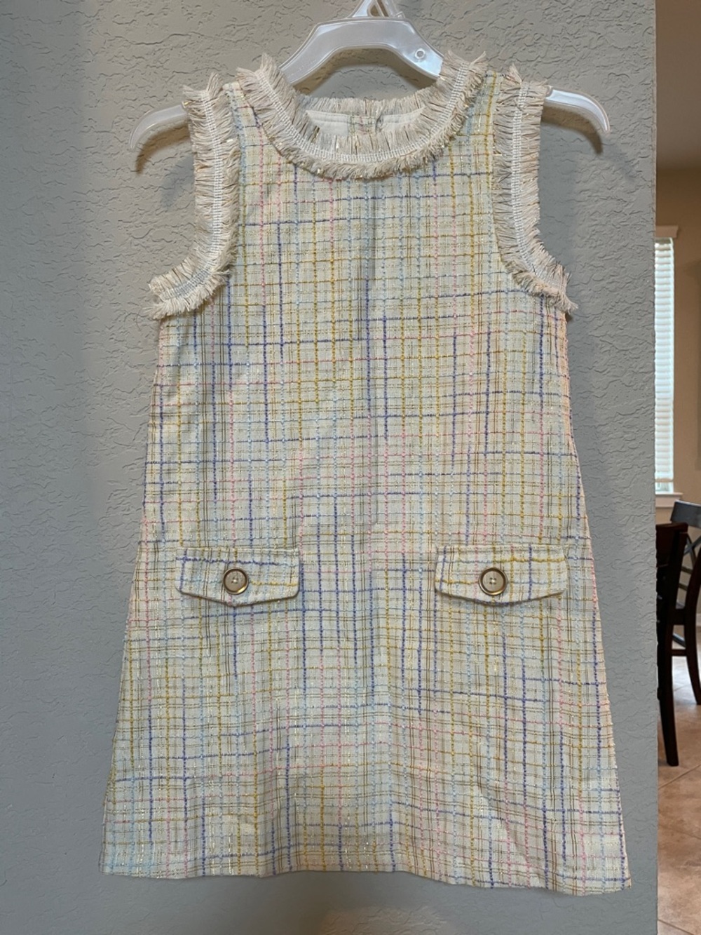 Girls Cream Tweed Shift Dress with Pastel Plaid